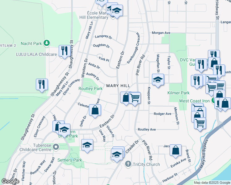 map of restaurants, bars, coffee shops, grocery stores, and more near 1568 Eastern Drive in Port Coquitlam