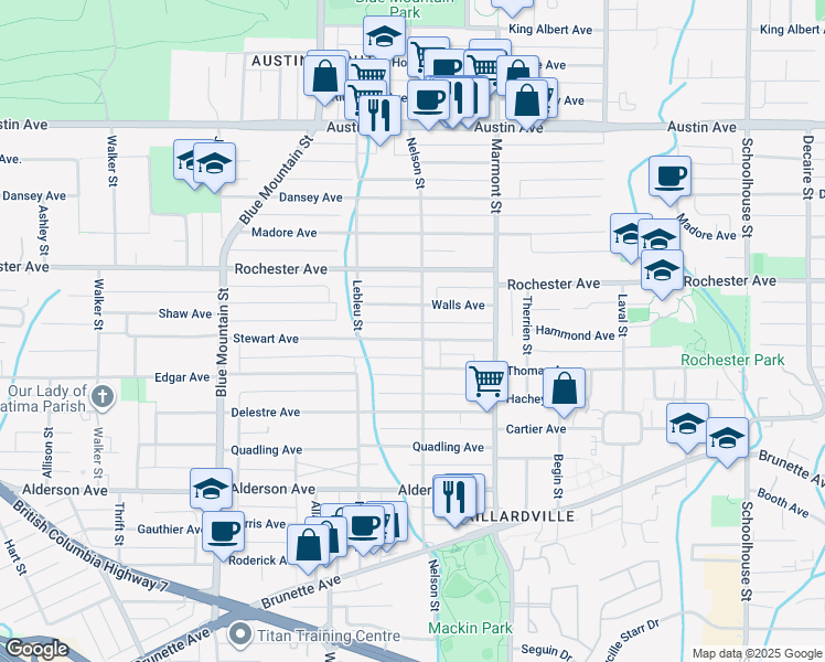 map of restaurants, bars, coffee shops, grocery stores, and more near 1031 Stewart Avenue in Coquitlam