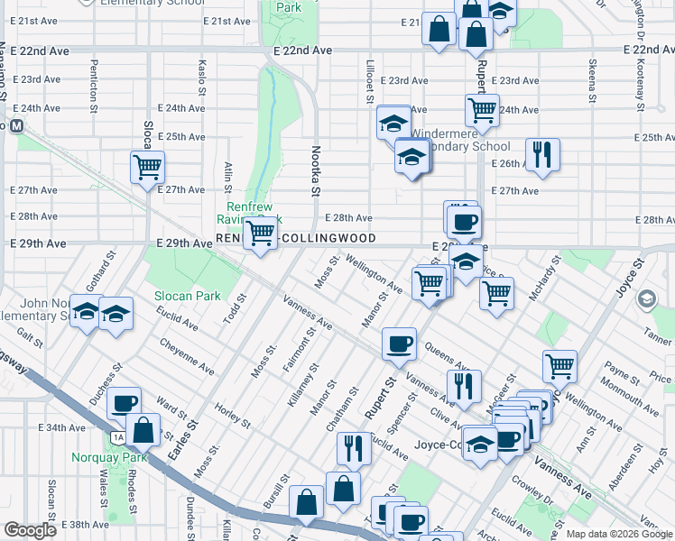 map of restaurants, bars, coffee shops, grocery stores, and more near 4820 Moss Street in Vancouver