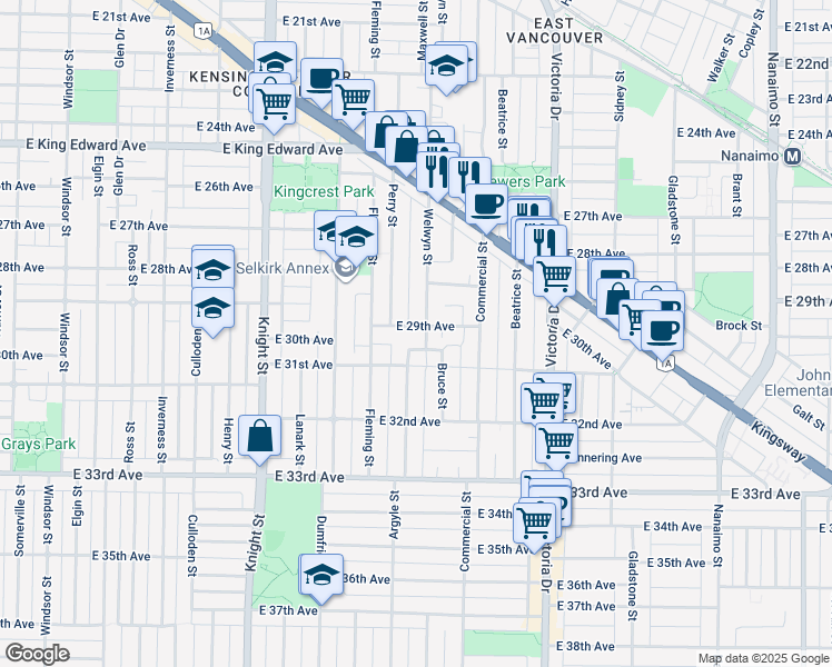 map of restaurants, bars, coffee shops, grocery stores, and more near 1688 East 29th Avenue in Vancouver