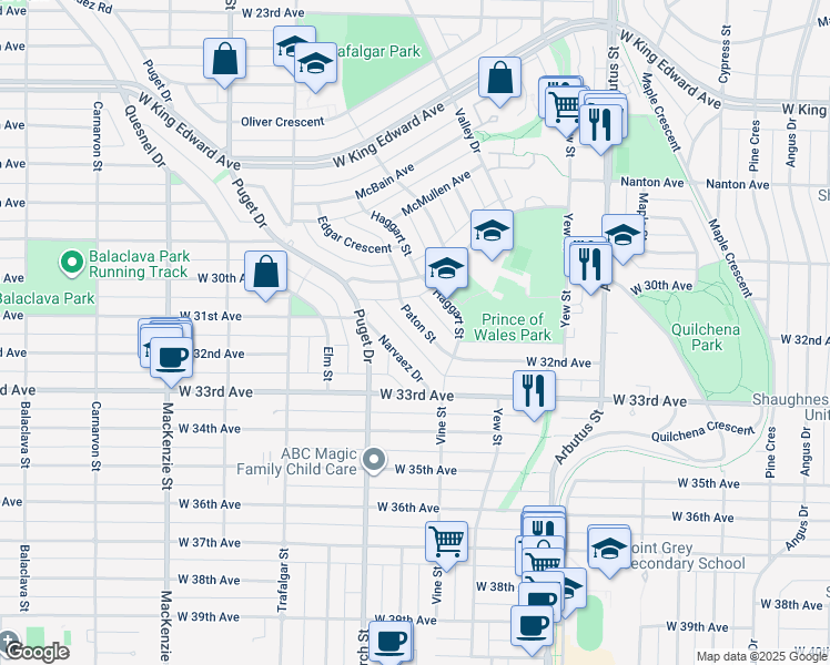 map of restaurants, bars, coffee shops, grocery stores, and more near 4807 Paton Street in Vancouver