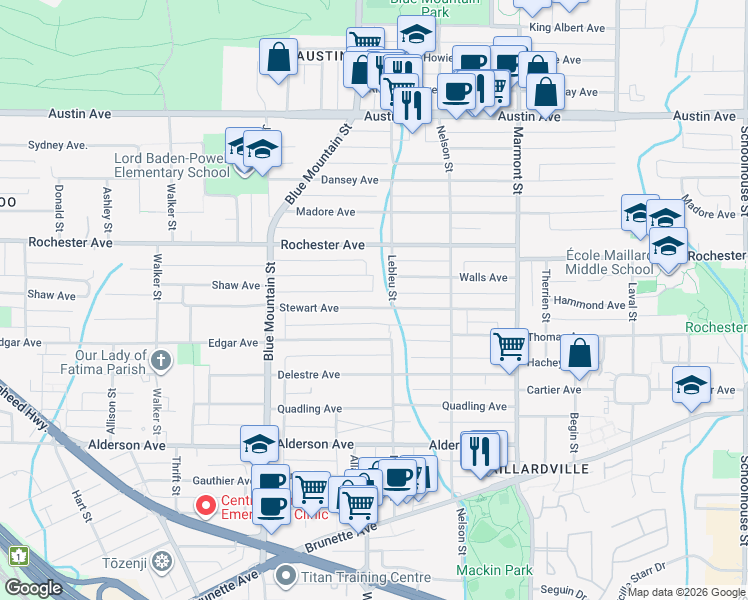 map of restaurants, bars, coffee shops, grocery stores, and more near 961 Stewart Avenue in Coquitlam
