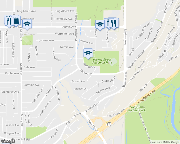 map of restaurants, bars, coffee shops, grocery stores, and more near 340 Hickey Drive in Coquitlam