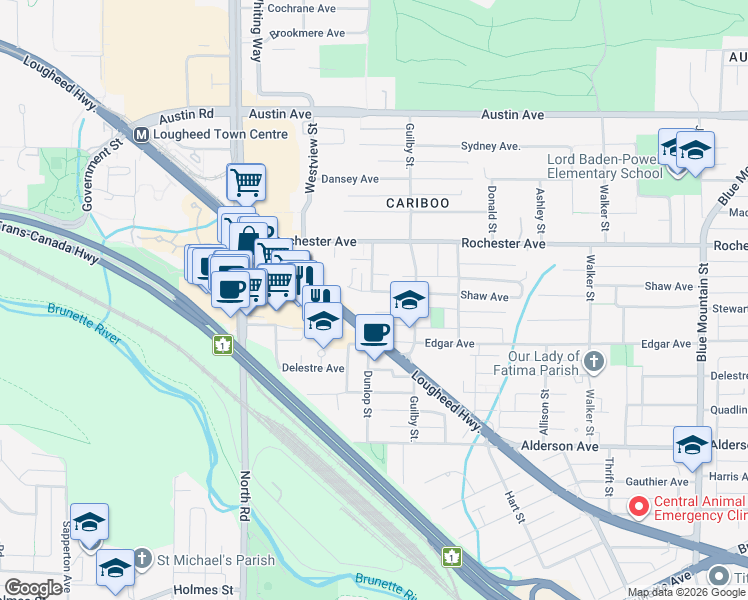 map of restaurants, bars, coffee shops, grocery stores, and more near 600 Shaw Avenue in Coquitlam