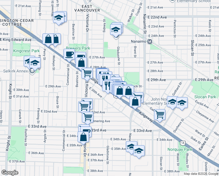 map of restaurants, bars, coffee shops, grocery stores, and more near 4589 Gladstone Street in Vancouver