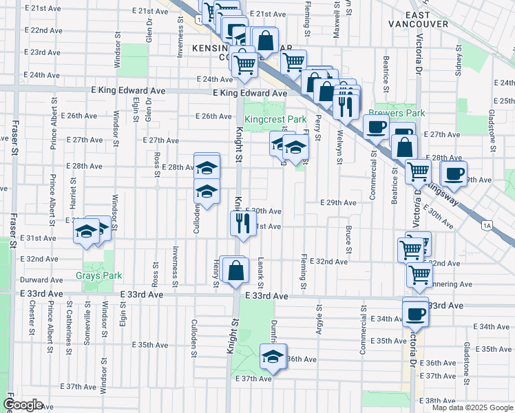 map of restaurants, bars, coffee shops, grocery stores, and more near 1435 East 30th Avenue in Vancouver