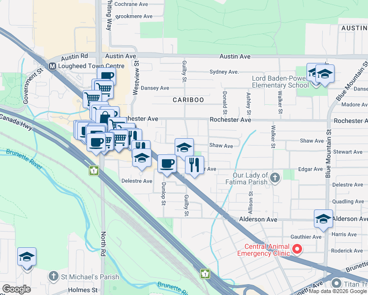 map of restaurants, bars, coffee shops, grocery stores, and more near 618 Shaw Avenue in Coquitlam