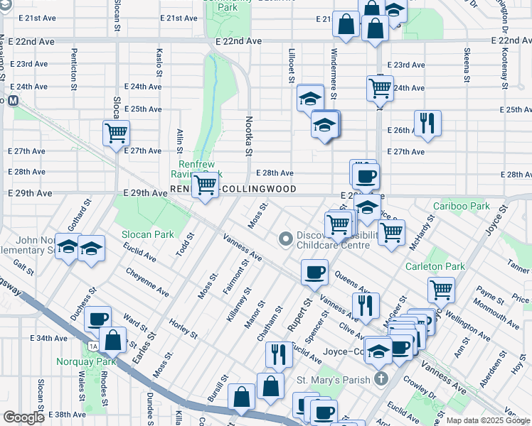 map of restaurants, bars, coffee shops, grocery stores, and more near 4530 Moss Street in Vancouver