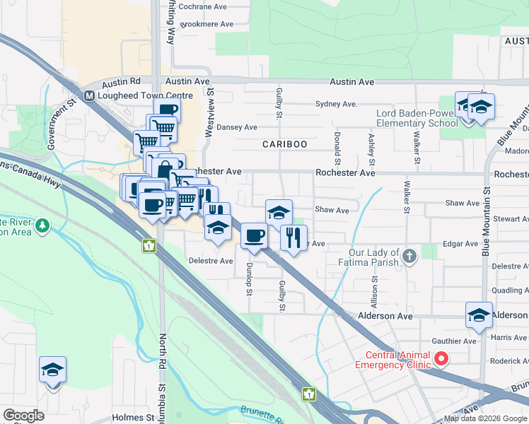 map of restaurants, bars, coffee shops, grocery stores, and more near 600 Shaw Avenue in Coquitlam