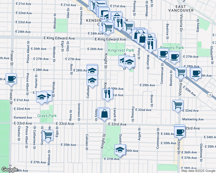 map of restaurants, bars, coffee shops, grocery stores, and more near 4586 Knight Street in Vancouver