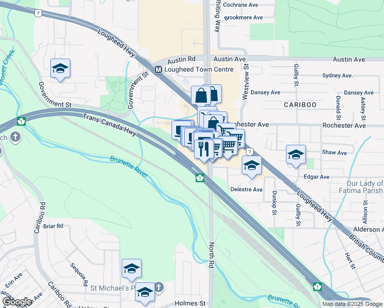 map of restaurants, bars, coffee shops, grocery stores, and more near 4501 North Road in Burnaby