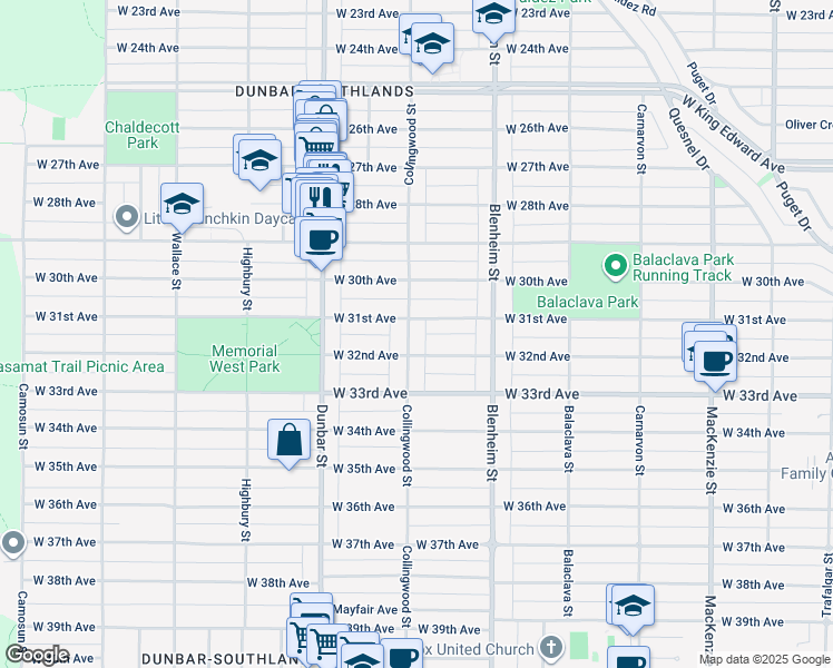 map of restaurants, bars, coffee shops, grocery stores, and more near 4742 Collingwood Street in Vancouver