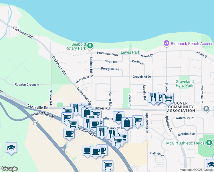 map of restaurants, bars, coffee shops, grocery stores, and more near 6505 Kestrel Crescent in Nanaimo