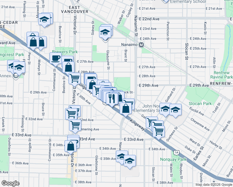 map of restaurants, bars, coffee shops, grocery stores, and more near in Vancouver