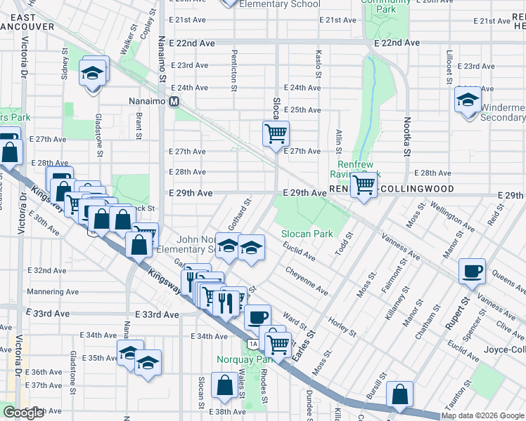map of restaurants, bars, coffee shops, grocery stores, and more near 4559 Slocan Street in Vancouver