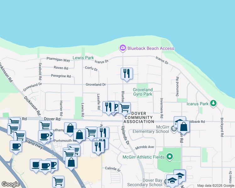 map of restaurants, bars, coffee shops, grocery stores, and more near 6255 Blueback Road in Nanaimo
