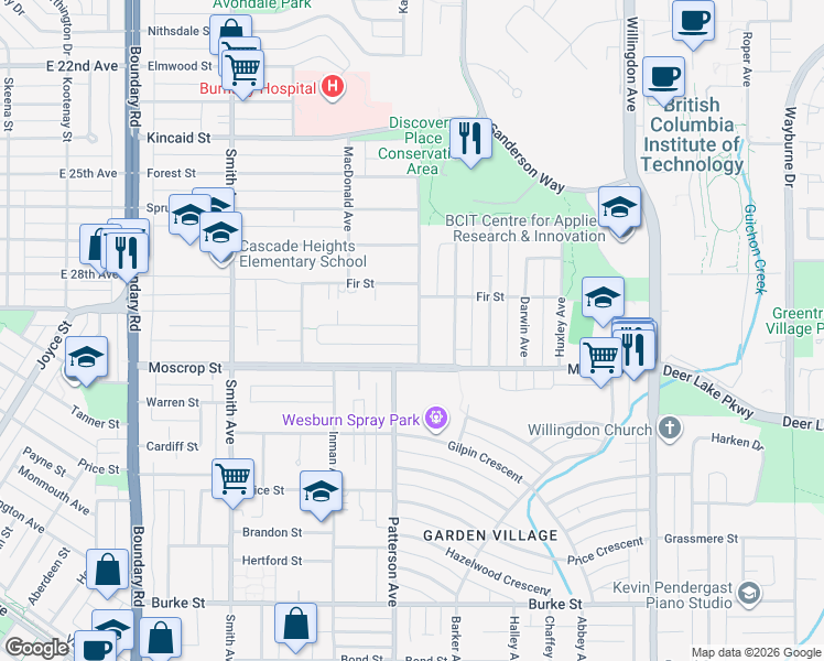 map of restaurants, bars, coffee shops, grocery stores, and more near 4088 Lister Court in Burnaby