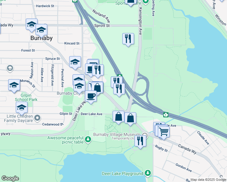 map of restaurants, bars, coffee shops, grocery stores, and more near 6400 Roberts Street in Burnaby