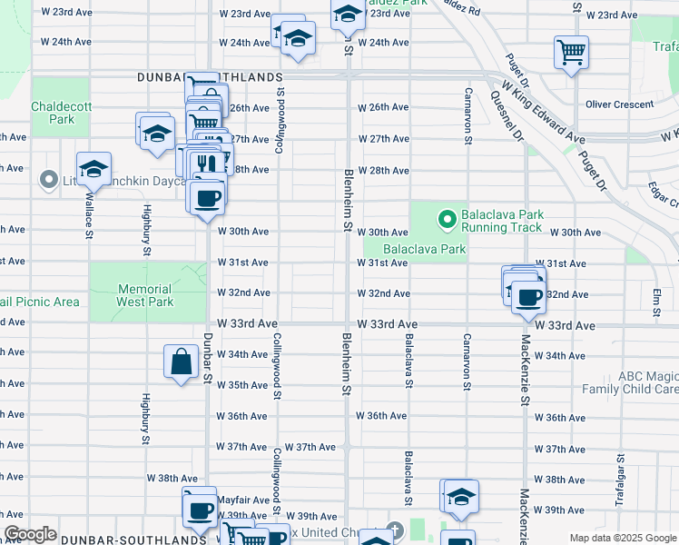 map of restaurants, bars, coffee shops, grocery stores, and more near 4725 Blenheim Street in Vancouver