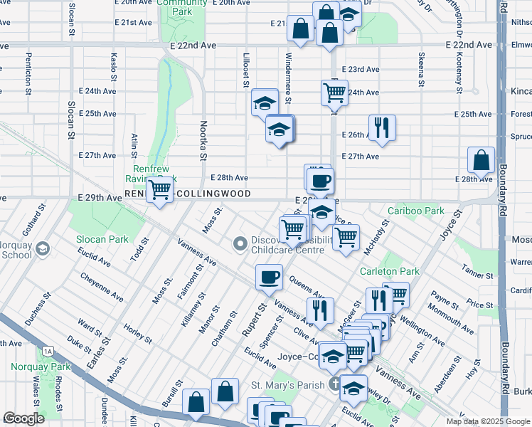 map of restaurants, bars, coffee shops, grocery stores, and more near 4561 Manor Street in Vancouver