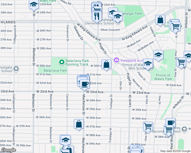 map of restaurants, bars, coffee shops, grocery stores, and more near 2810 West 31st Avenue in Vancouver