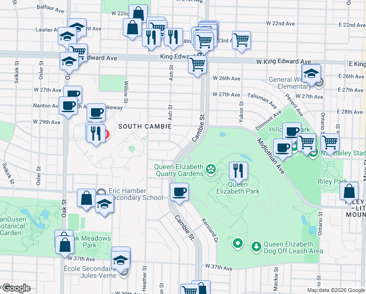 map of restaurants, bars, coffee shops, grocery stores, and more near 518 West 30th Avenue in Vancouver