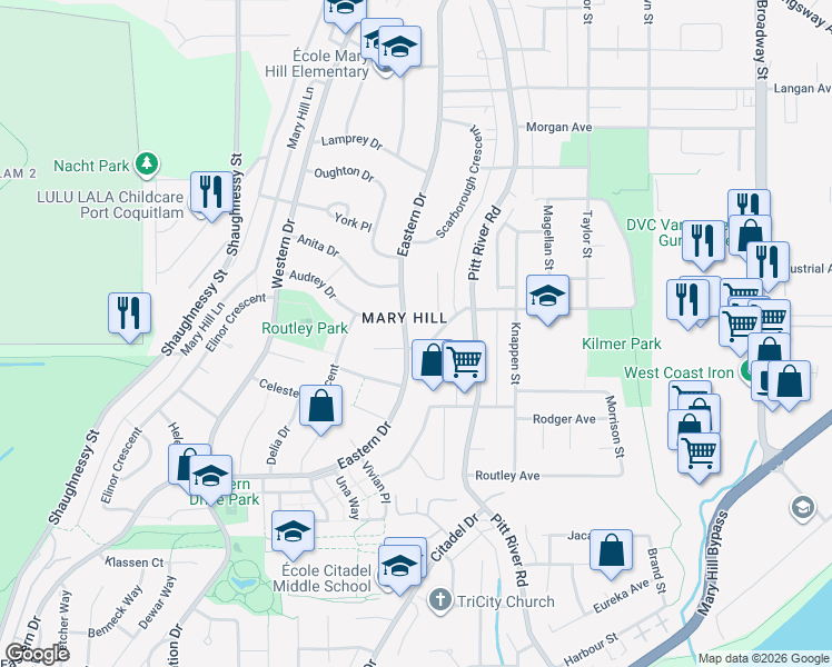 map of restaurants, bars, coffee shops, grocery stores, and more near 1575 Eastern Drive in Port Coquitlam