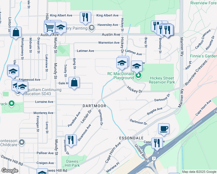 map of restaurants, bars, coffee shops, grocery stores, and more near 2453 Leclair Drive in Coquitlam