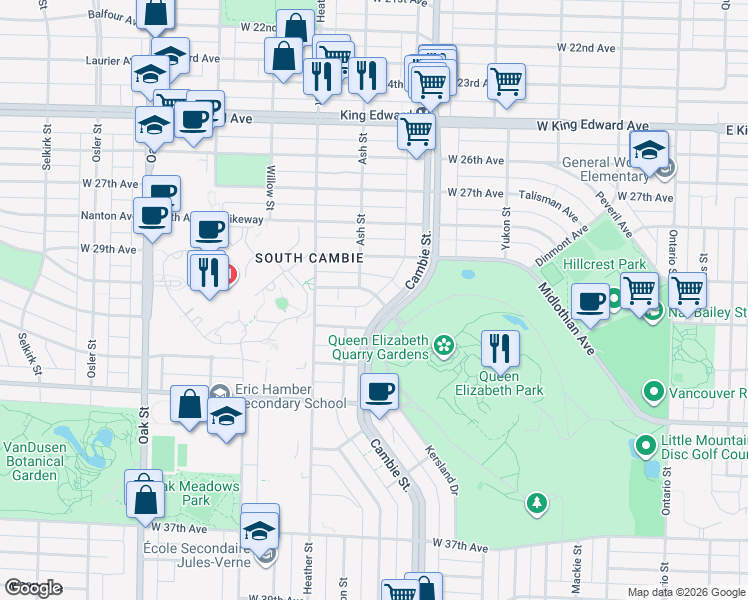 map of restaurants, bars, coffee shops, grocery stores, and more near in Vancouver