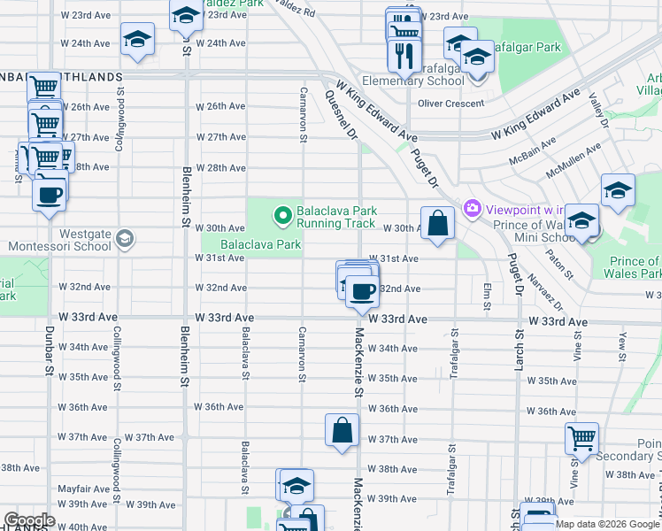 map of restaurants, bars, coffee shops, grocery stores, and more near 2950 West 31st Avenue in Vancouver