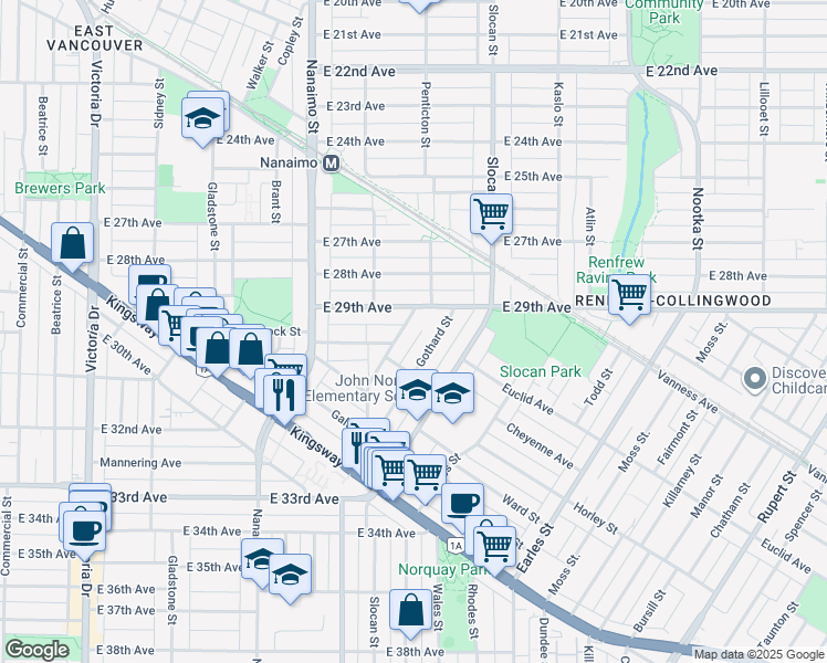 map of restaurants, bars, coffee shops, grocery stores, and more near 4546 Clarendon Street in Vancouver