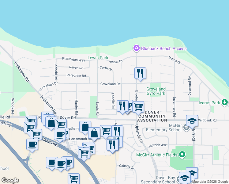 map of restaurants, bars, coffee shops, grocery stores, and more near 6337 Lasalle Road in Nanaimo
