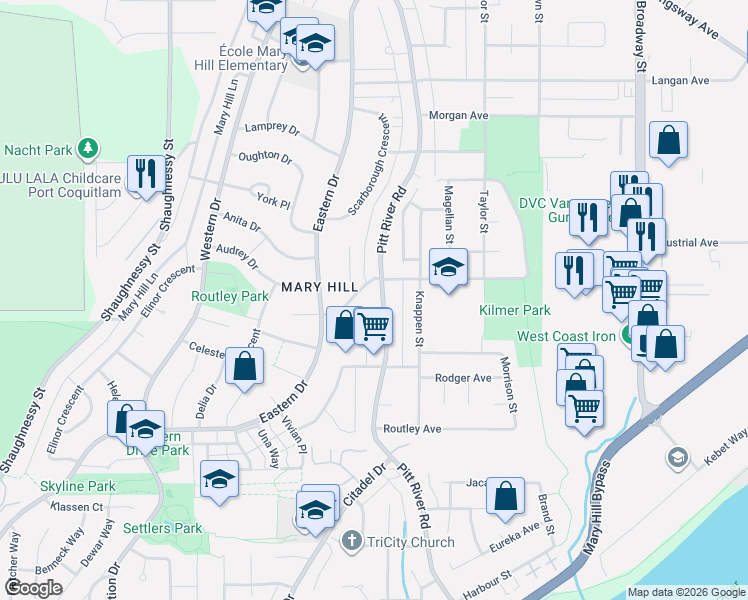 map of restaurants, bars, coffee shops, grocery stores, and more near 1576 Pitt River Road in Port Coquitlam