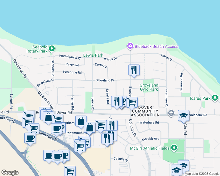map of restaurants, bars, coffee shops, grocery stores, and more near 6441 Lasalle Road in Nanaimo