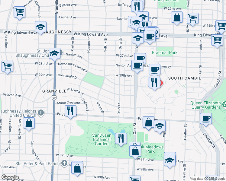 map of restaurants, bars, coffee shops, grocery stores, and more near 1121 Connaught Drive in Vancouver