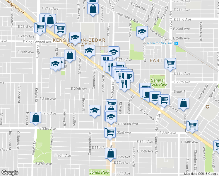 map of restaurants, bars, coffee shops, grocery stores, and more near 4539 Victoria Drive in Vancouver