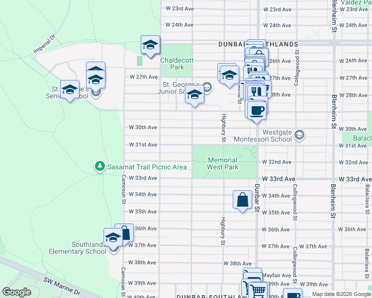 map of restaurants, bars, coffee shops, grocery stores, and more near 3914 West 31st Avenue in Vancouver