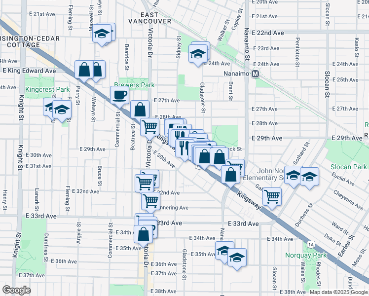 map of restaurants, bars, coffee shops, grocery stores, and more near 4589 Gladstone Street in Vancouver