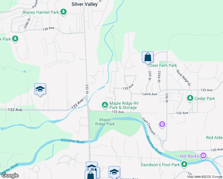 map of restaurants, bars, coffee shops, grocery stores, and more near 13295 233 Street in Maple Ridge