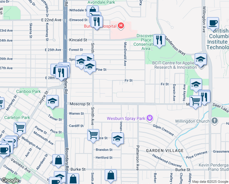 map of restaurants, bars, coffee shops, grocery stores, and more near 4550 Inman Avenue in Burnaby