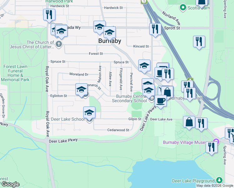 map of restaurants, bars, coffee shops, grocery stores, and more near 5755 Monarch Street in Burnaby