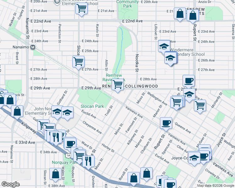 map of restaurants, bars, coffee shops, grocery stores, and more near 2960 East 29th Avenue in Vancouver