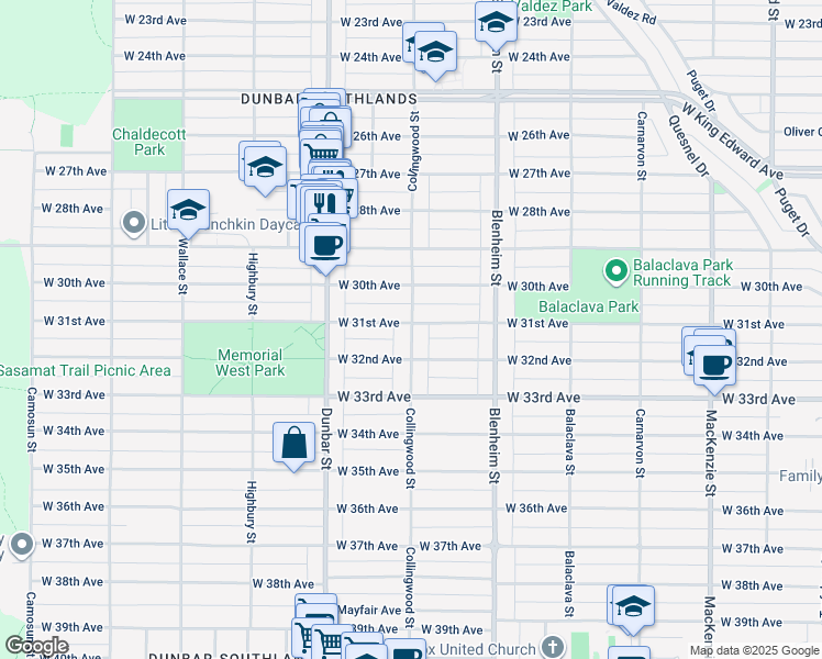 map of restaurants, bars, coffee shops, grocery stores, and more near 4719 Collingwood Street in Vancouver