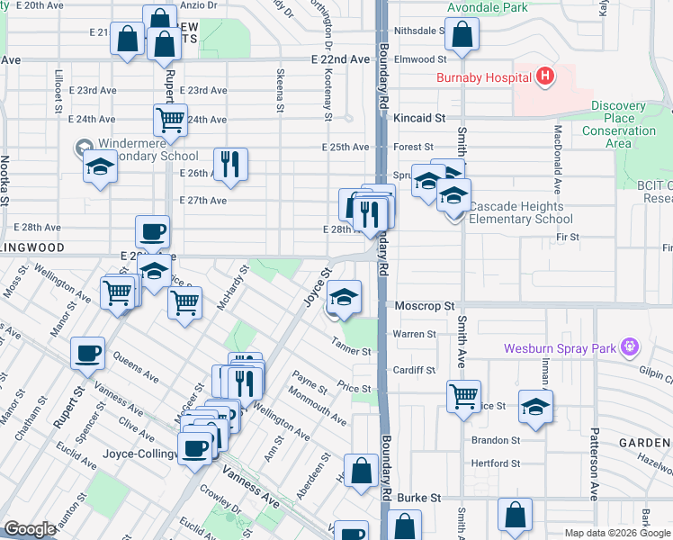 map of restaurants, bars, coffee shops, grocery stores, and more near 4542 Joyce Street in Vancouver