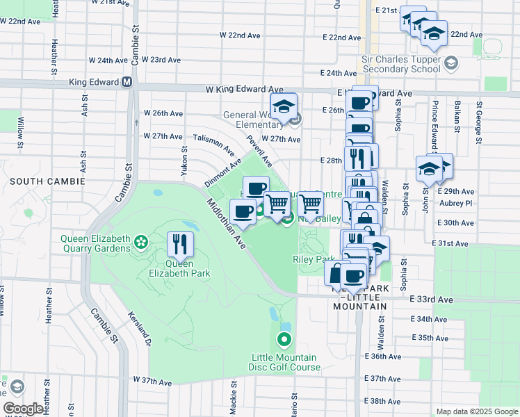 map of restaurants, bars, coffee shops, grocery stores, and more near 4575 Clancy Loranger Way in Vancouver