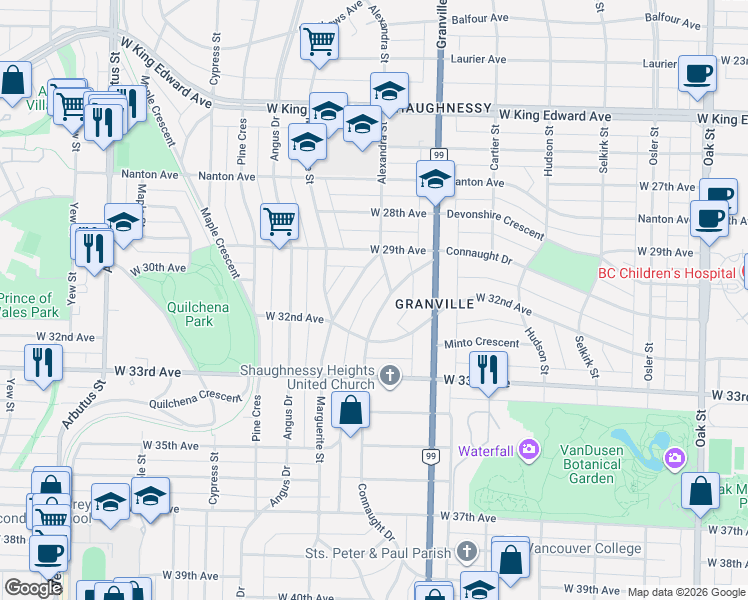 map of restaurants, bars, coffee shops, grocery stores, and more near 4625 Connaught Drive in Vancouver