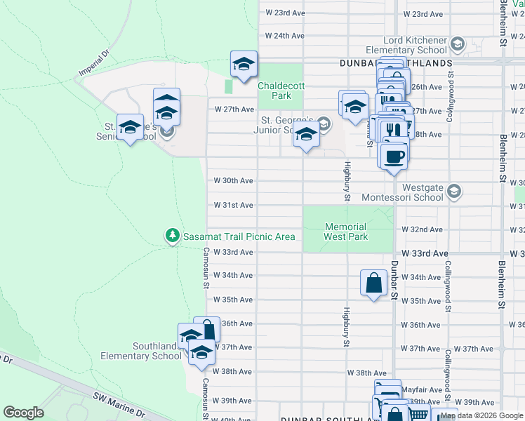 map of restaurants, bars, coffee shops, grocery stores, and more near 3988 West 31st Avenue in Vancouver