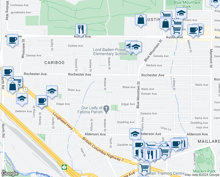 map of restaurants, bars, coffee shops, grocery stores, and more near 782 Shaw Avenue in Coquitlam