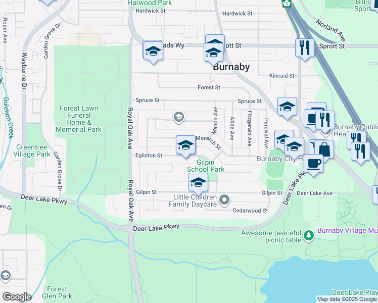 map of restaurants, bars, coffee shops, grocery stores, and more near 5490 Eglinton Street in Burnaby
