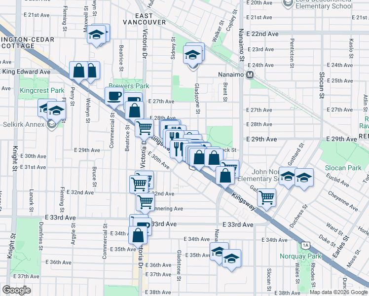 map of restaurants, bars, coffee shops, grocery stores, and more near in Vancouver